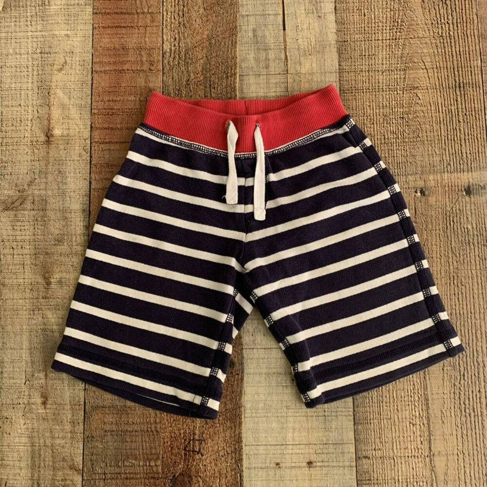 Hanna Andersson Boys Navy Blue And White Striped Sweat Shorts with red waistband